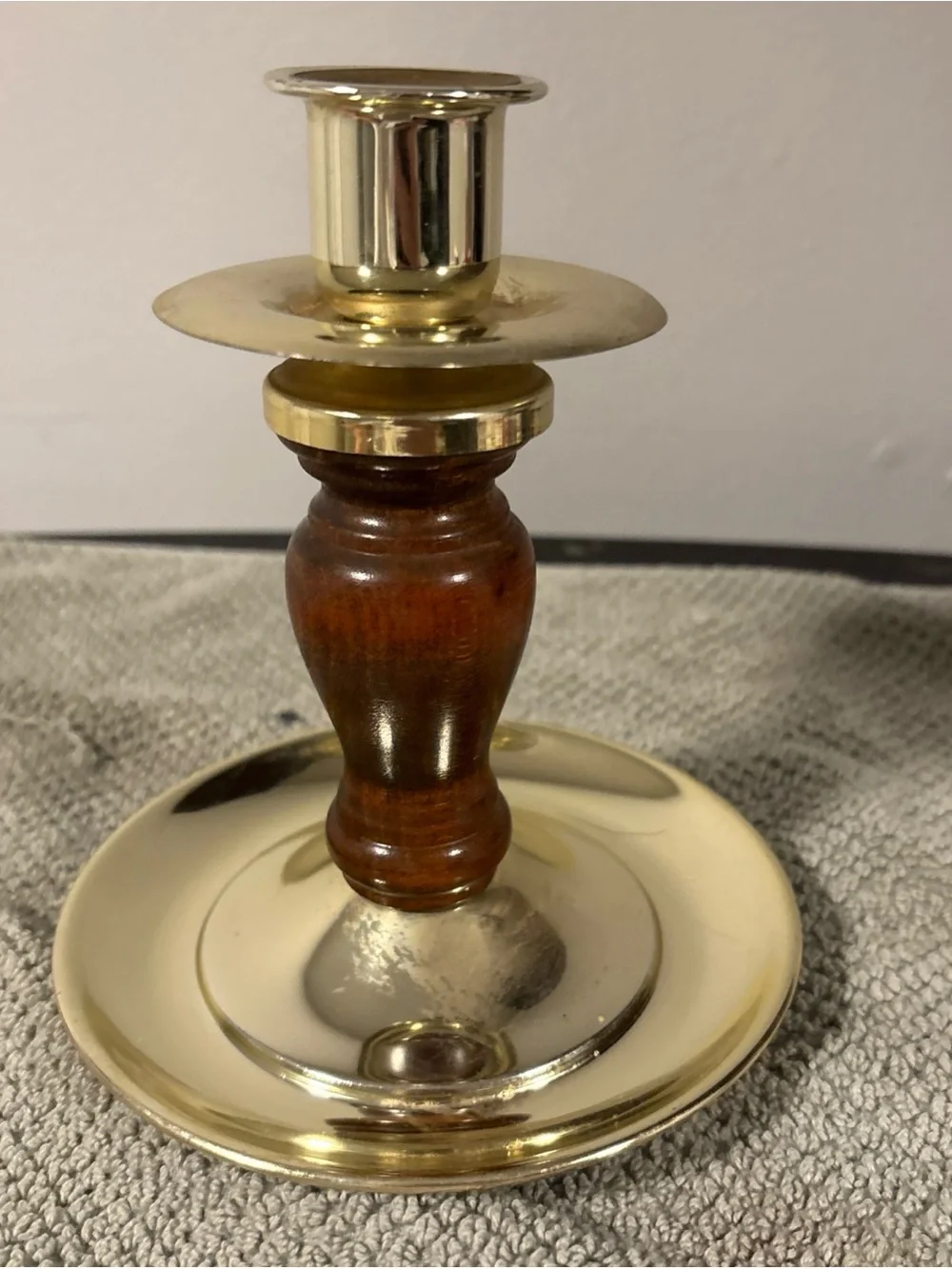 Home Interiors Brass and Wood Candle Holder in Gold and Brown